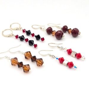 4 Pair Handmade Crystal Bead Dangle‎ Earrings Red Black Brown Silver Tone Hooks